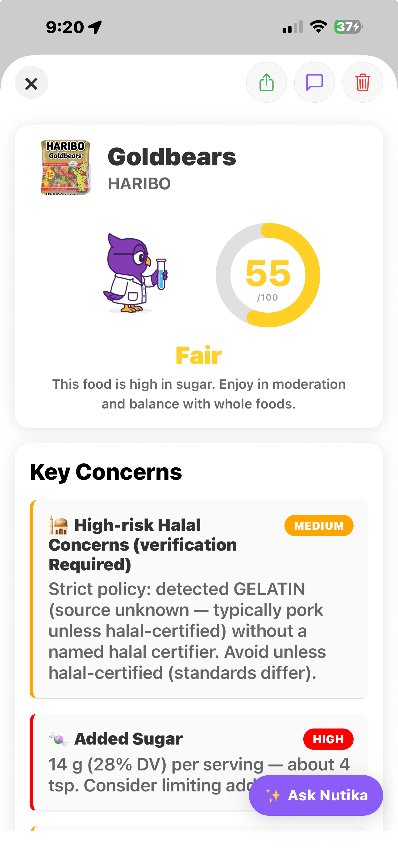 Nutika food analysis screenshot