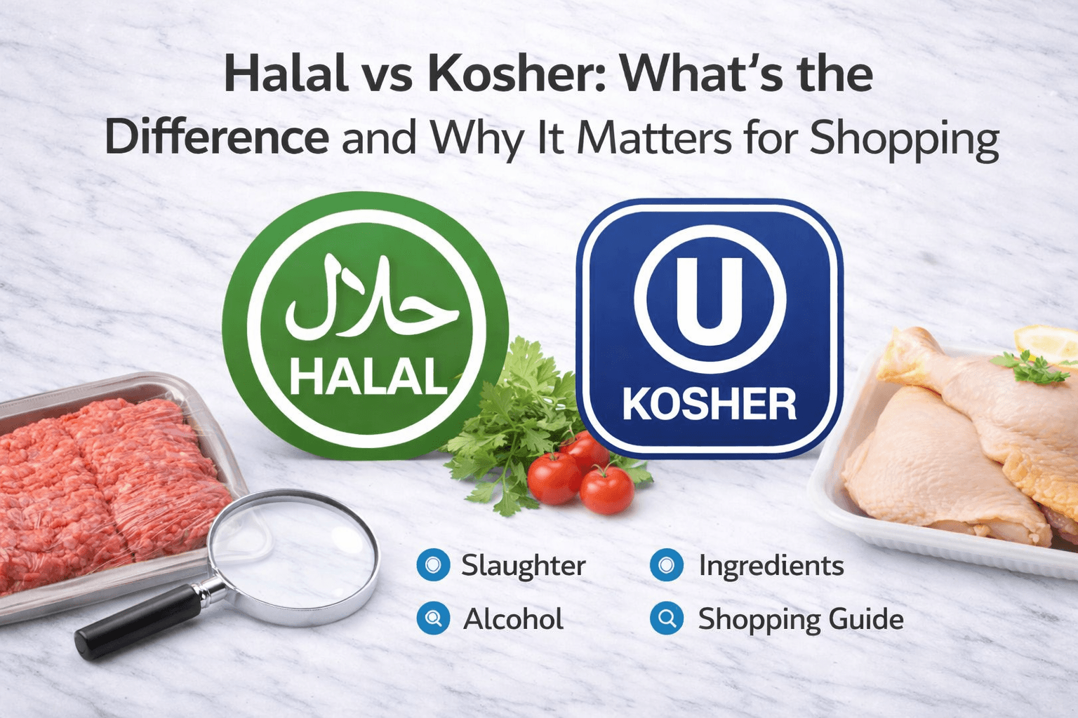 A high-quality visual representation of Halal and Kosher dietary laws, featuring symbolic food items and respectful cultural motifs.