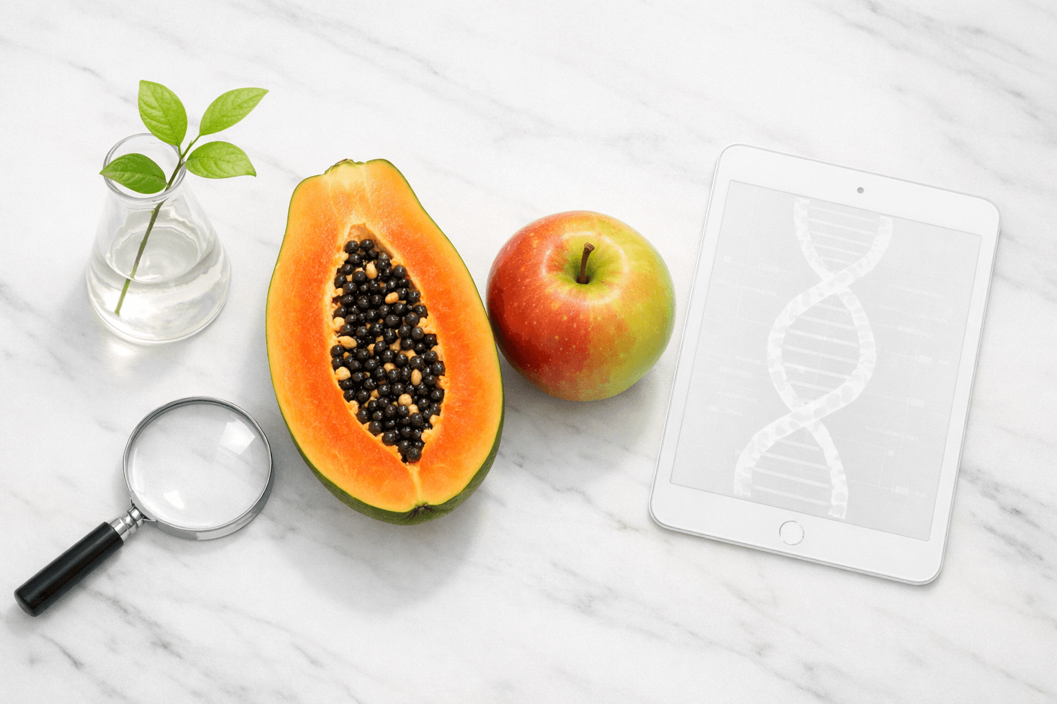 Minimalist display of a fresh papaya and apple with laboratory glassware, representing the science of GMO foods and family health