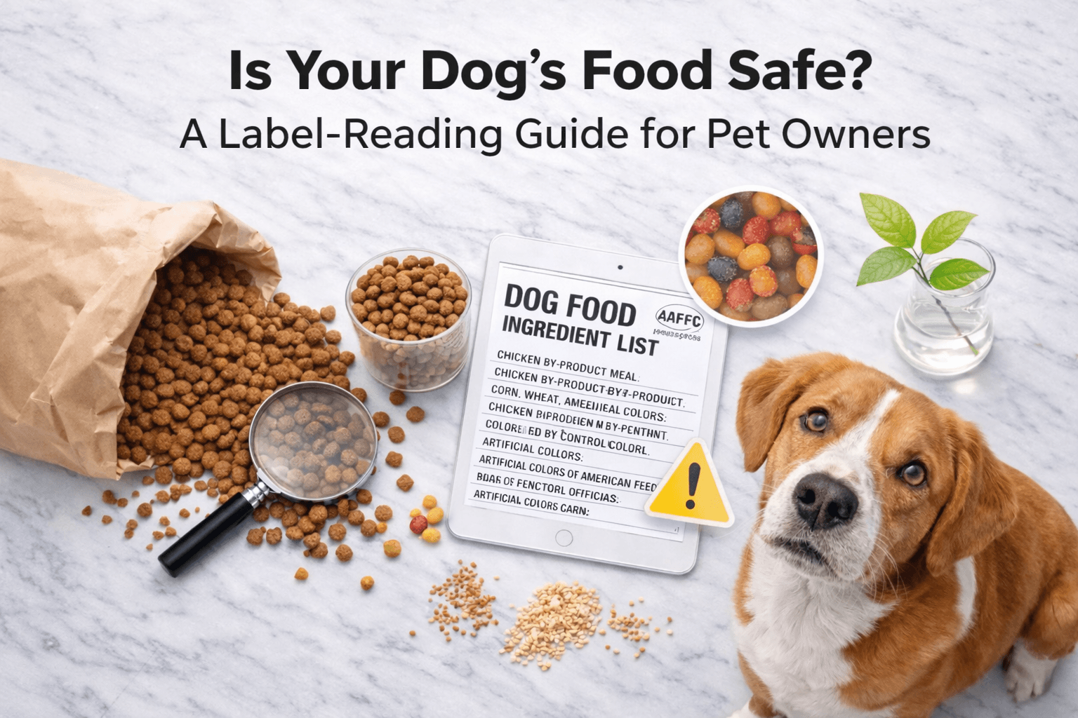 Close-up of a person reading the nutrition label on a bag of dog food to check if it's safe