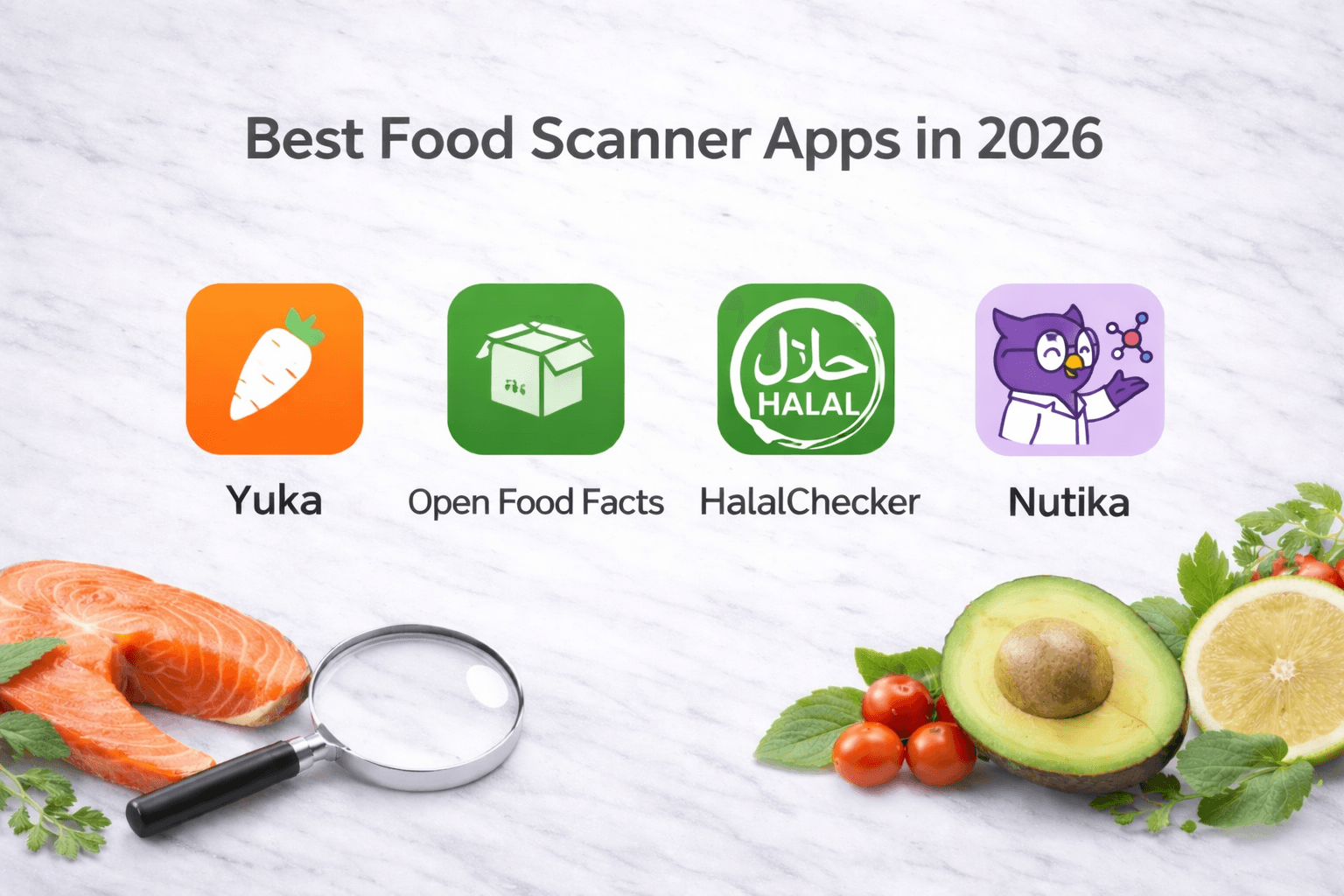 A comparison of leading food scanner apps in 2026, showing mobile interfaces for nutrition analysis, halal checking, and ingredient safety scores.