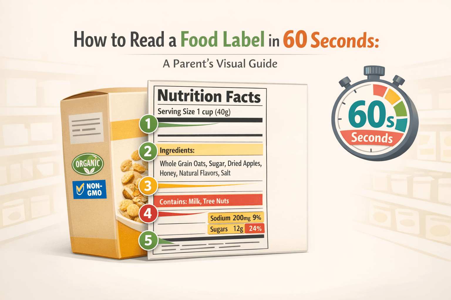 Annotated nutrition facts label showing serving size, daily value percentages, and ingredient list sections