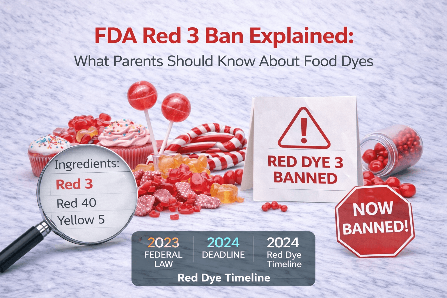 Close-up of a food ingredient list with a magnifying glass over the words FD&C Red No. 3 and erythrosine