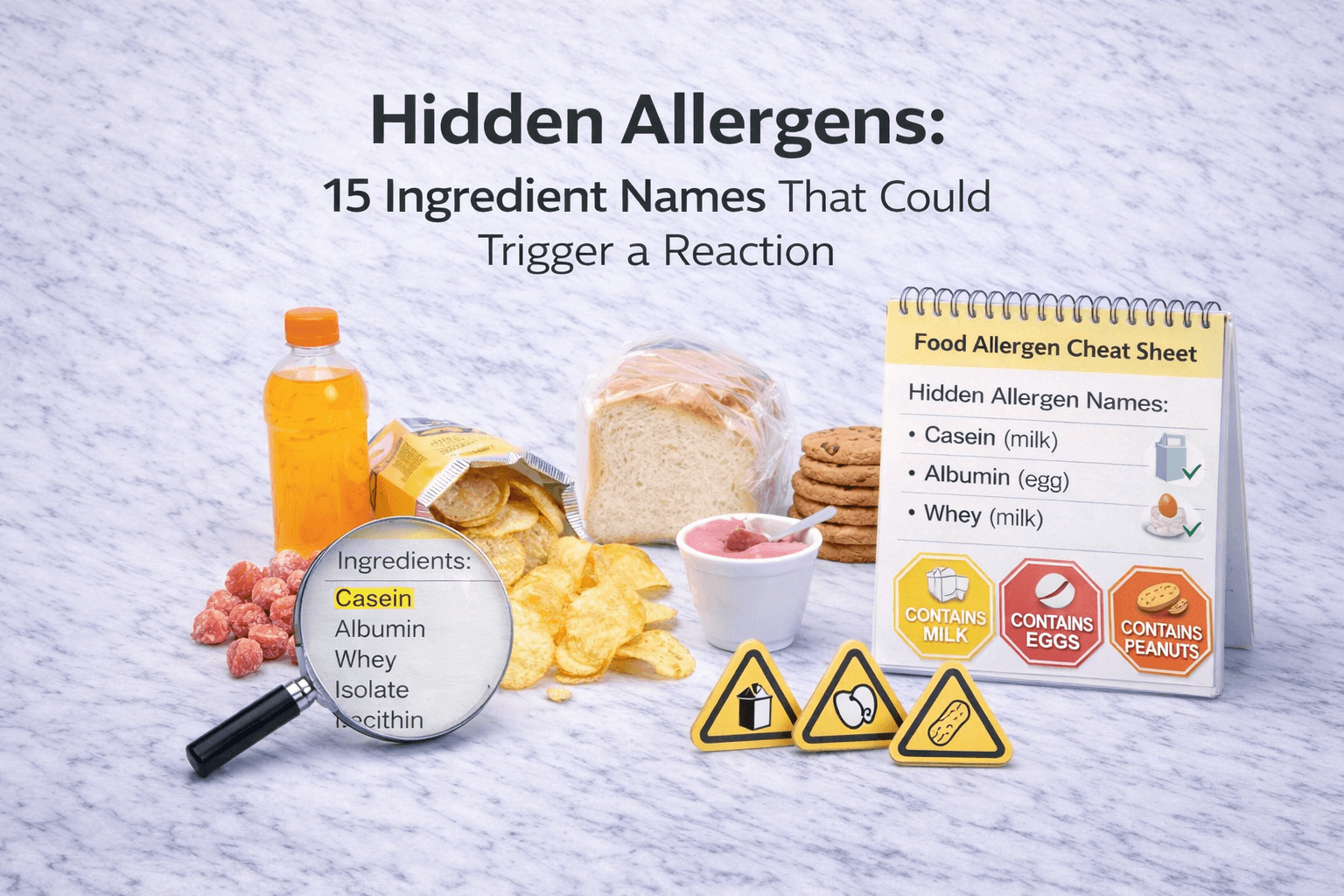 Cheat sheet listing 15 hidden allergen names like casein and albumin mapped to their food sources.