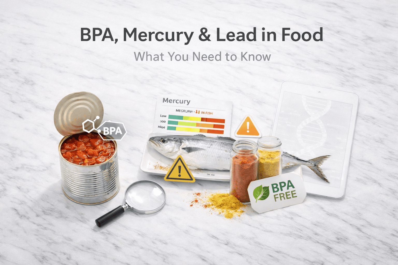 Infographic illustrating common food contaminants including BPA in canned goods, mercury in fish, and lead in spices, with a focus on safer eating habits