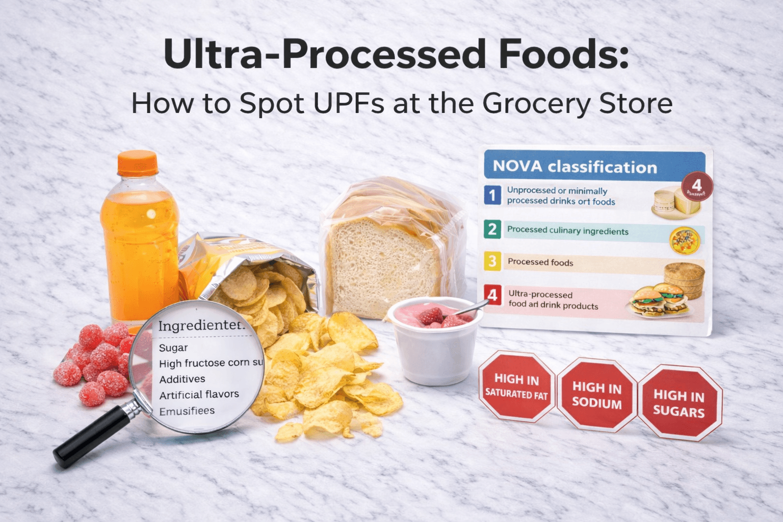Close-up of a consumer scanning the ingredient list on a food package to identify ultra-processed ingredients.